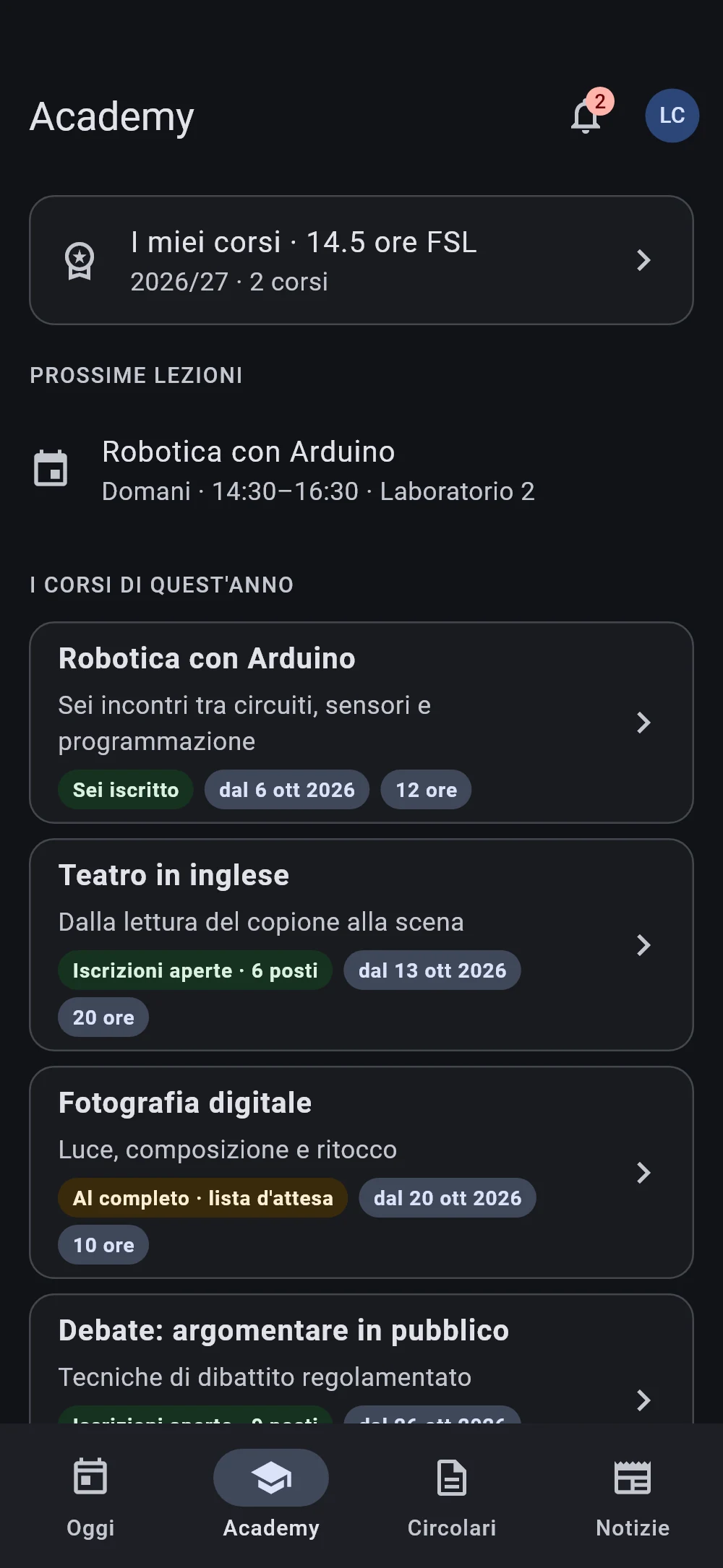 I corsi dell'Academy visti da uno studente, in tema scuro: le ore FSL, la prossima lezione e i corsi con i posti liberi