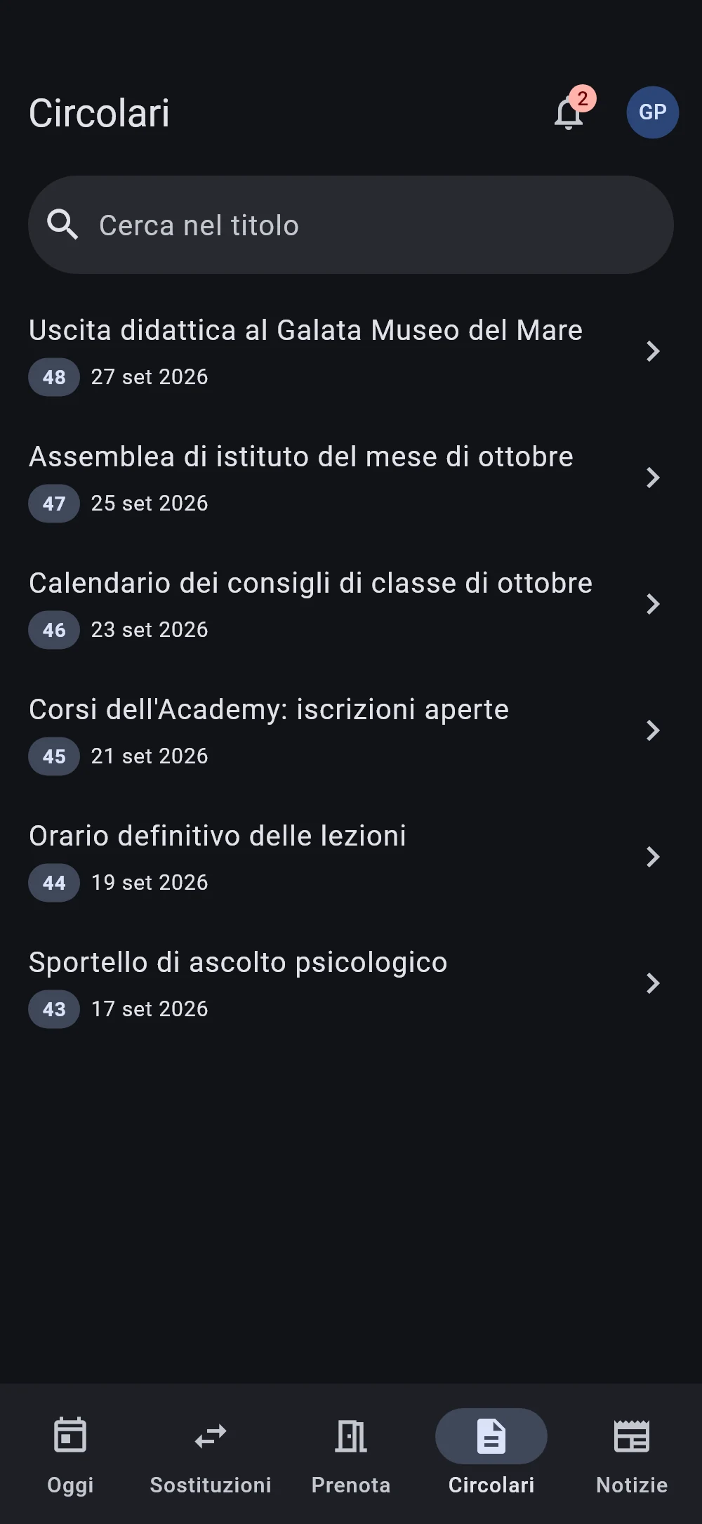 L'elenco delle circolari nell'app, in tema scuro