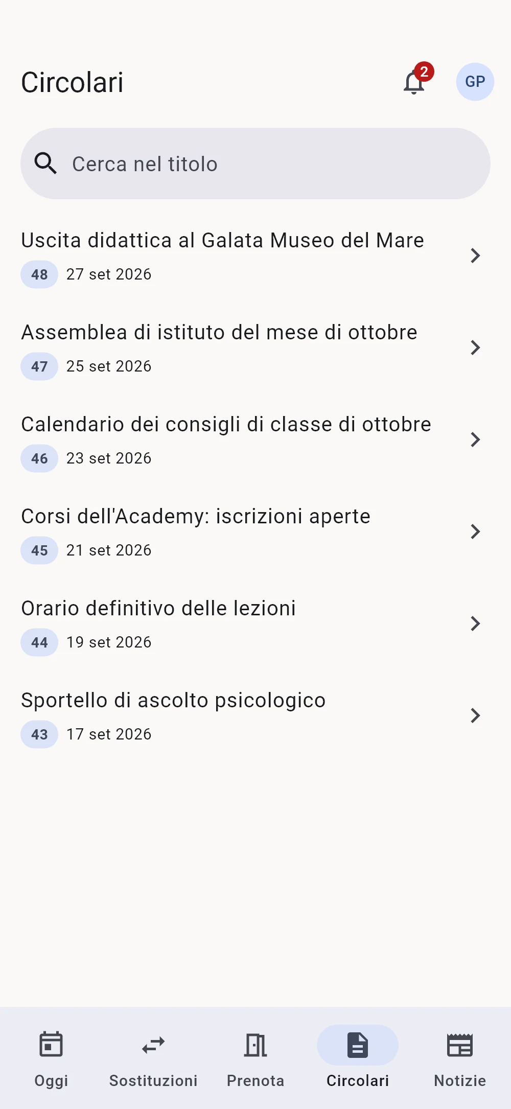 L'elenco delle circolari con la ricerca e il numero di ciascuna