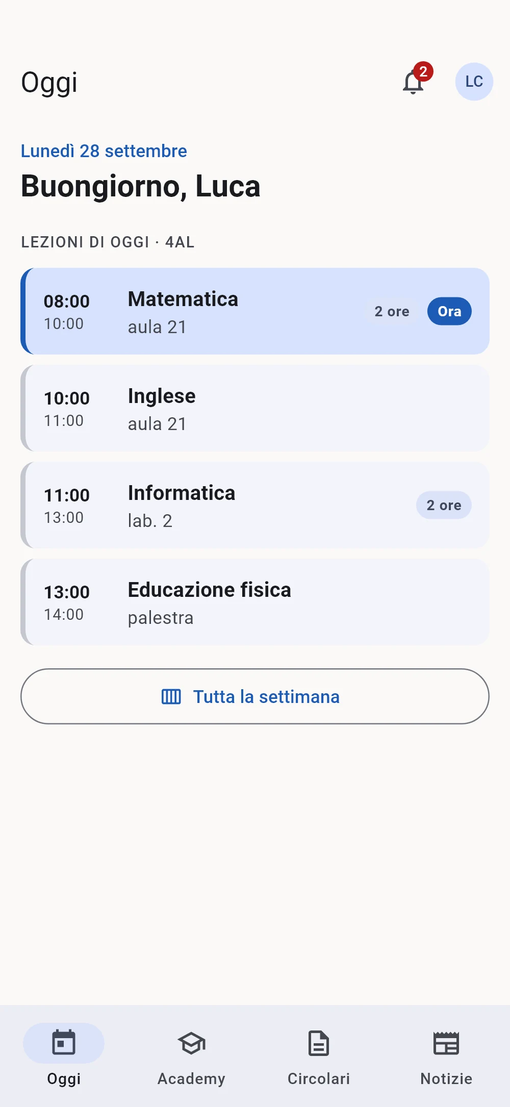 La schermata Oggi di uno studente: le lezioni della classe 4AL