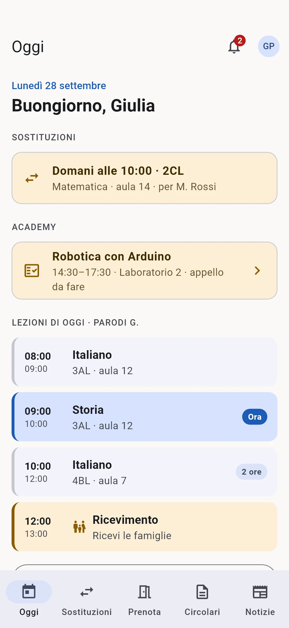 La schermata Oggi di un docente: una sostituzione per domani, l'appello del corso Academy e le lezioni del giorno