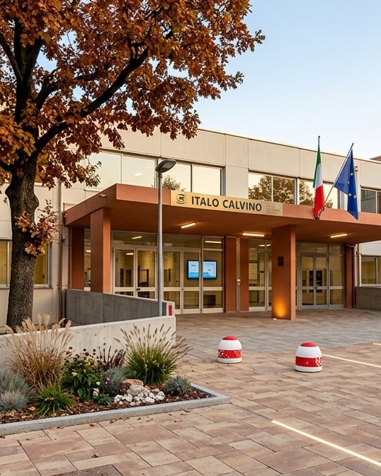 L'ingresso dell'Istituto Italo Calvino in autunno, con le bandiere e la scritta sulla pensilina
